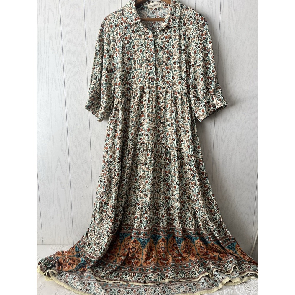 Natural Life Womens Floral Maxi Dress Size Medium Short Ballon Sleeve Boho